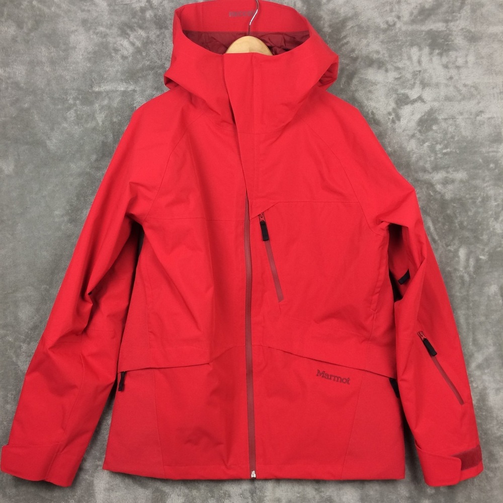 MARMOT Ski Jacket Shell Mens Medium RECCO Hood Full Zip Snowboarding Skiing Red
